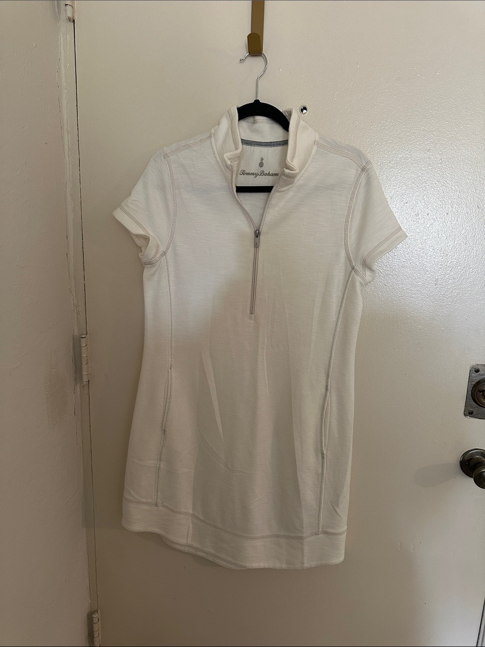 Tommy Bahama White Knit Mock Neck Half-Zip Short Sleeve Dress  S/P Pockets